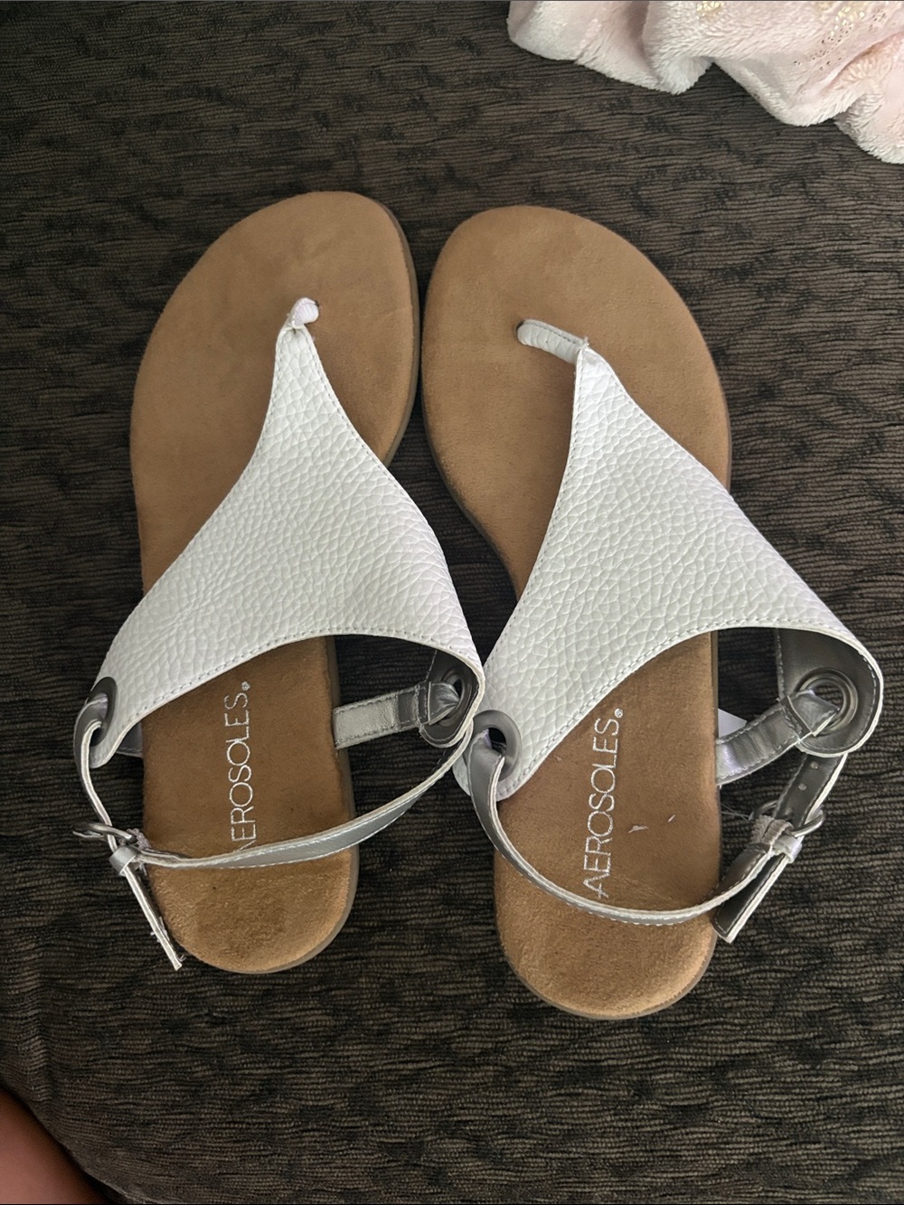 AEROSOLES White and Tan Thong Sandals with Silver Buckle